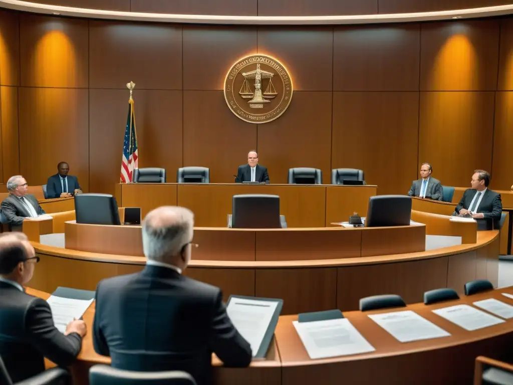 Imagen de litigios de patentes: abogados presentando evidencia en un moderno tribunal de alta tecnología, con un ambiente tenso y profesional