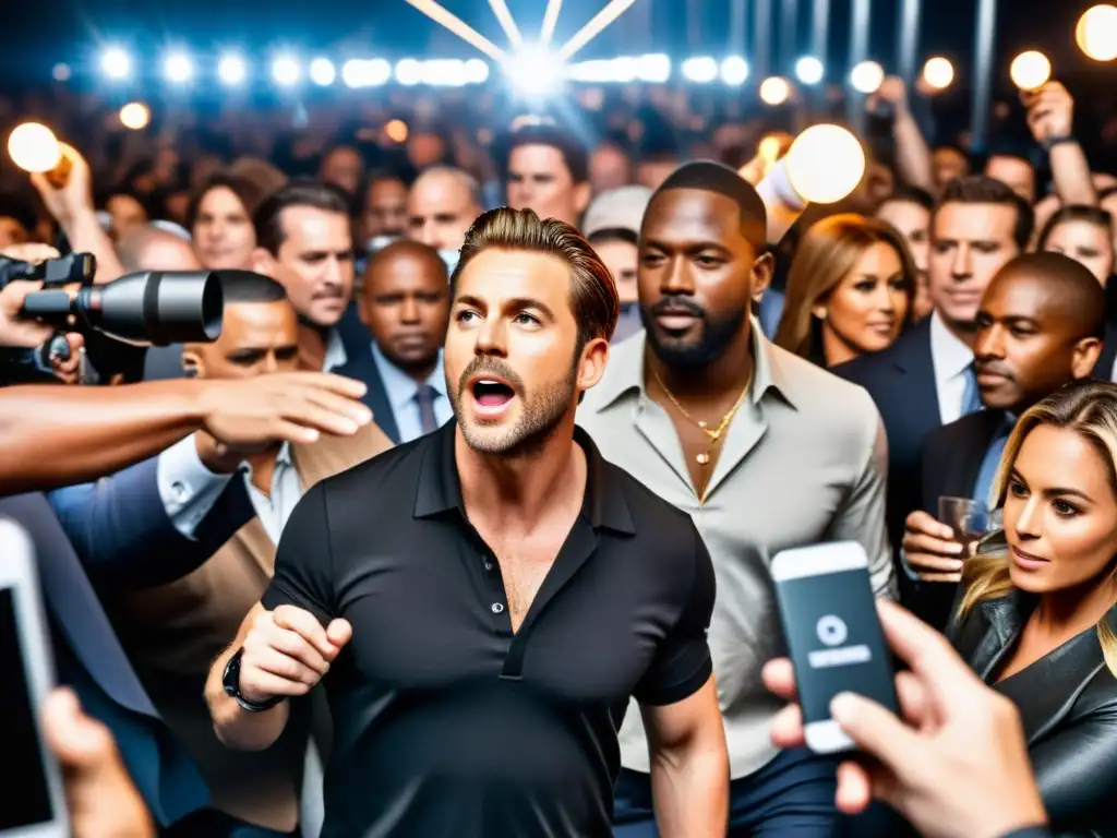 Imagen de la lucha de un famoso en un evento, rodeado de seguridad, fanáticos y flashes, mostrando la tensión entre la fama y la privacidad