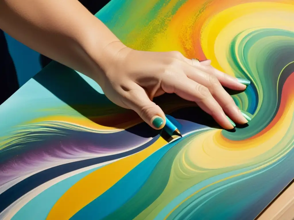 La imagen muestra la mano de un artista agregando detalles a una pintura abstracta