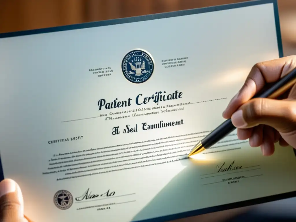 La imagen muestra una mano sosteniendo un certificado de patente ante una luz suave, transmitiendo logro y orgullo