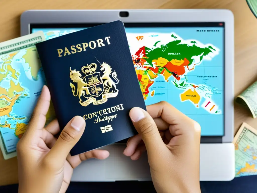 En la imagen, una mano sostiene un pasaporte con sellos internacionales, mientras la otra escribe en un portátil