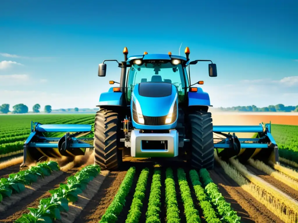 Imagen de una máquina agrícola innovadora en un campo exuberante, destacando la tecnología avanzada