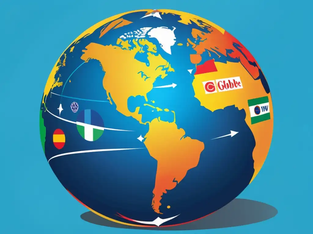 Una imagen moderna detallada de un globo rodeado de logotipos internacionales con flechas estratégicas, simbolizando la gestión internacional de marcas propiedad intelectual