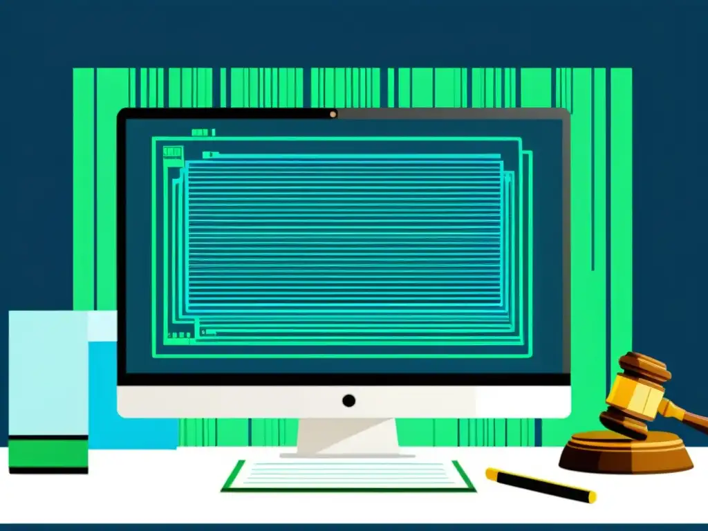 Imagen moderna de pantalla con complejo código, documentos legales y un martillo, representando el debate sobre patentar software