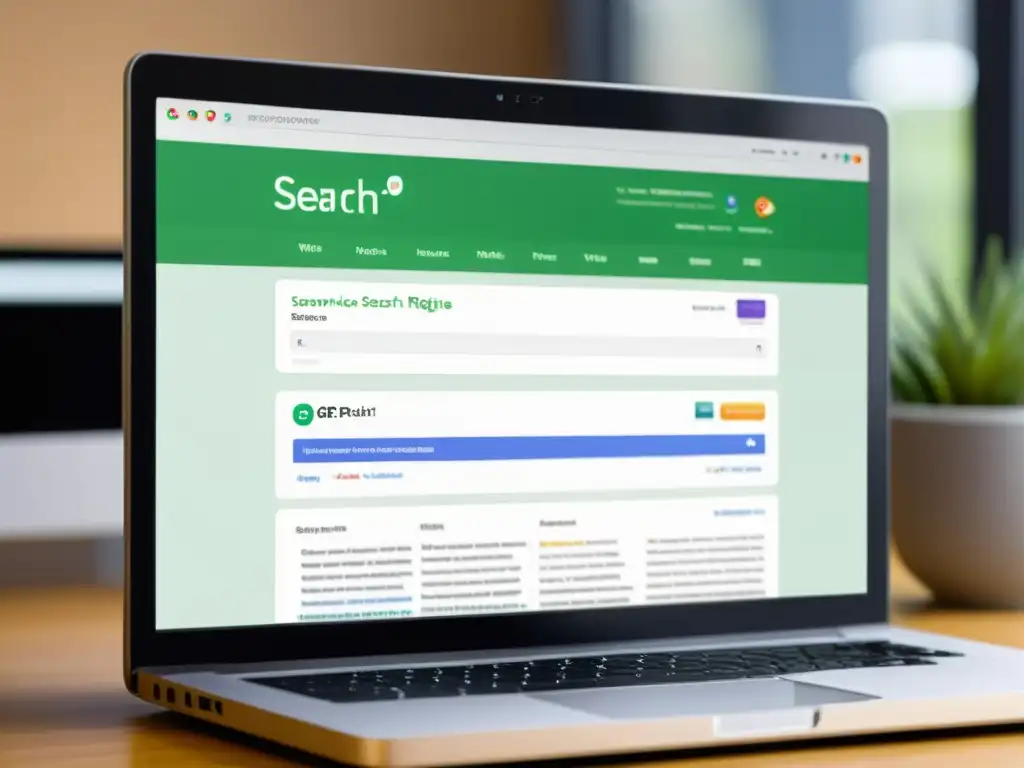 Una imagen moderna de una pantalla de computadora muestra resultados de búsqueda orgánica, resaltando marcas registradas con efectiva optimización SEO