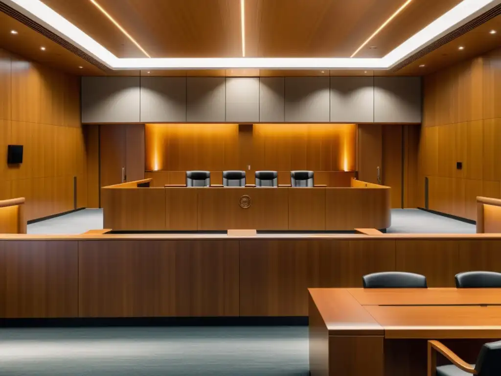Sala de tribunal moderna en 8k: Profesionalismo y autoridad Imagen de una moderna sala de tribunal con diseño futurista, bañada en cálida luz natural