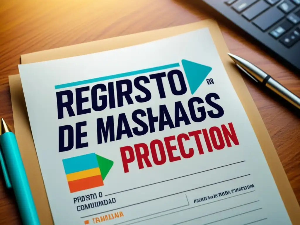 Imagen moderna y vibrante de un documento legal con 'Registro de hashtags en marcas' destacado en letras audaces, rodeado de elementos contemporáneos y símbolos de protección de marcas