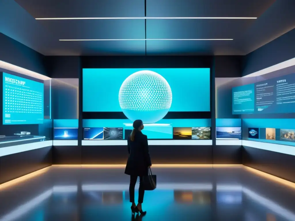 Imagen de museo futurista con preservación de obras artísticas digitales en hologramas y tecnología avanzada de archivo