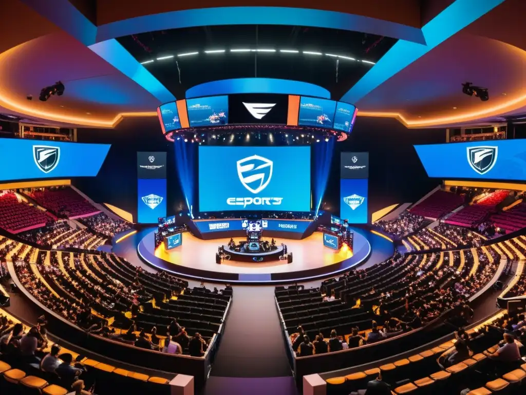Imagen panorámica de un bullicioso estadio de eSports, donde equipos compiten en el escenario y fans animan en las gradas