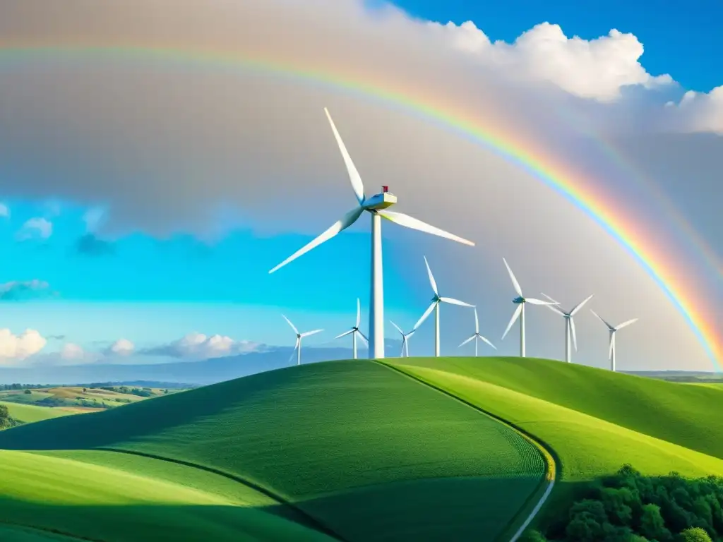 Imagen panorámica de un paisaje verde exuberante con colinas onduladas, cielos azules y un arco iris vibrante