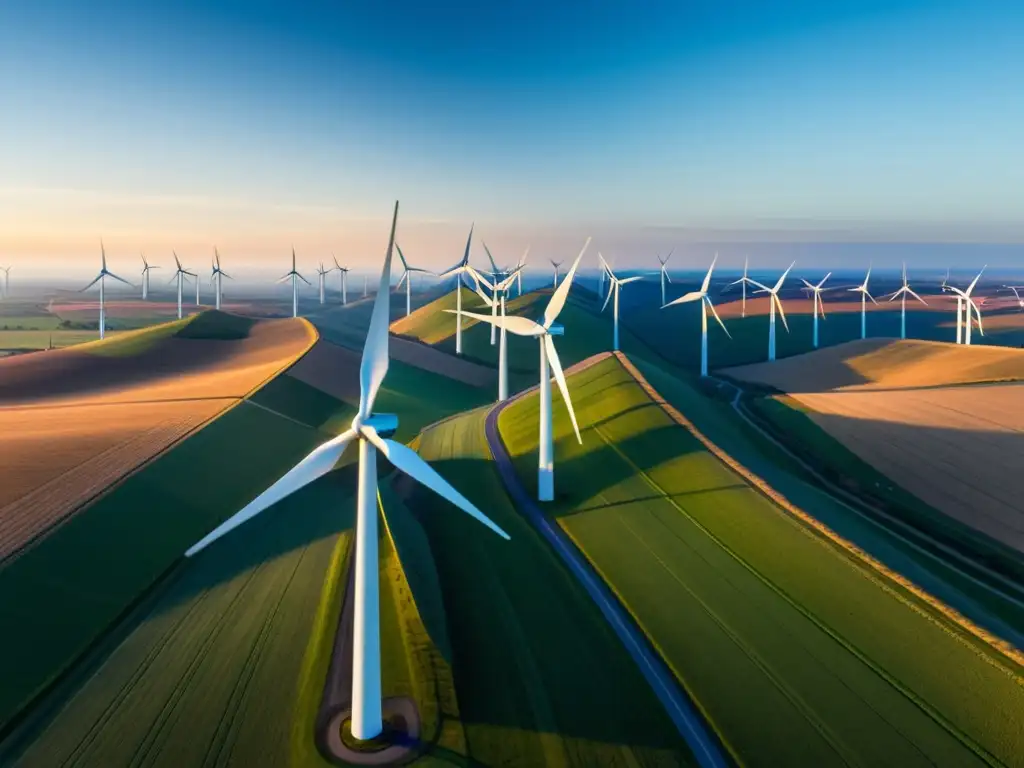 Imagen panorámica de un parque eólico al amanecer, con turbinas futuristas en movimiento