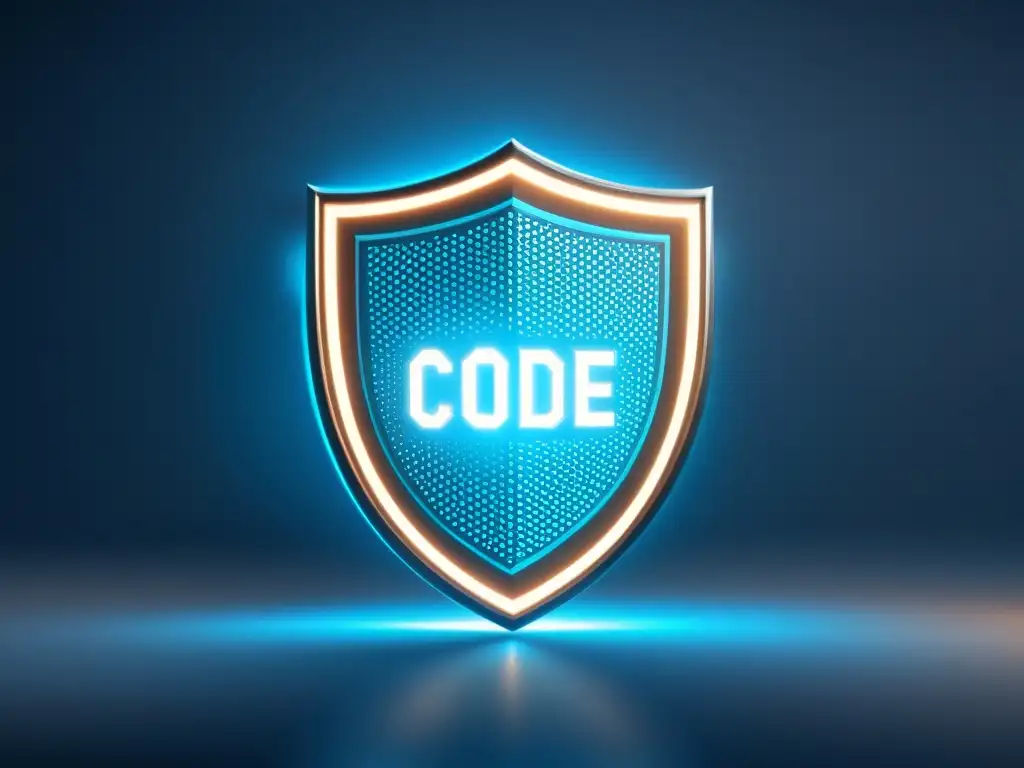 Imagen de pantalla de computadora con código protegido por un escudo, con tonos azules y metálicos