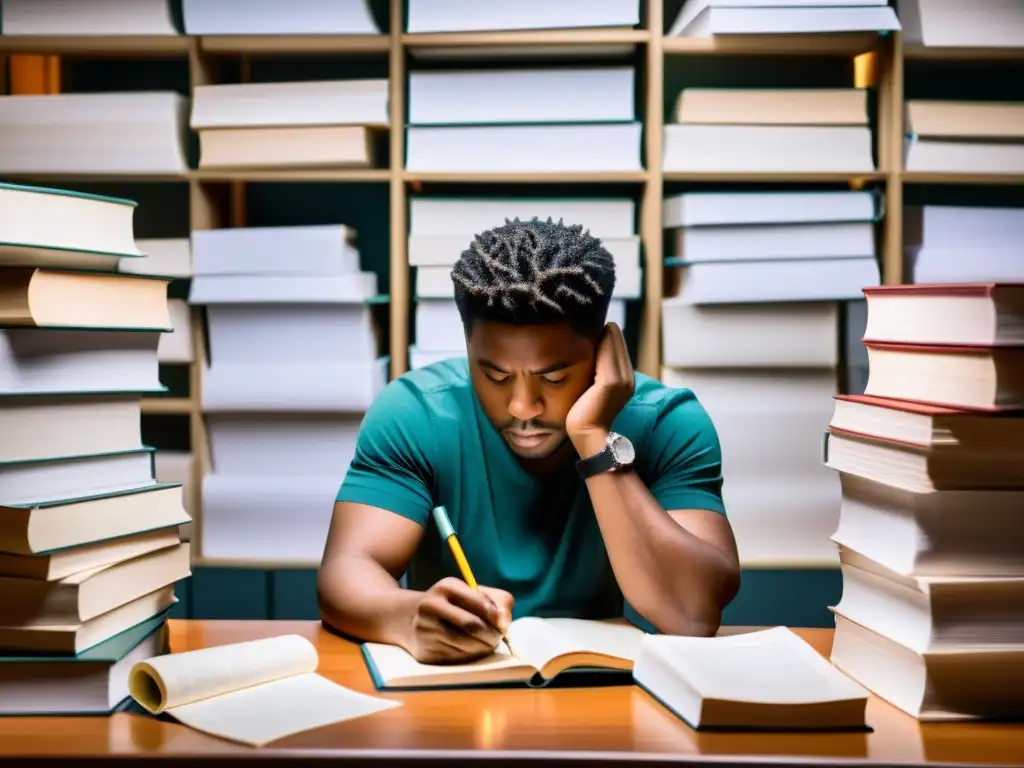 Imagen de persona trabajando en un escritorio, rodeada de libros y papeles, con expresión de frustración y determinación
