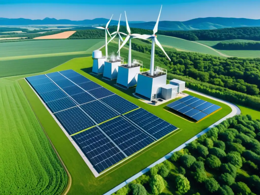 Una imagen de una planta de biomasa futurista rodeada de tecnología avanzada y paisaje verde, transmitiendo innovación en la producción de energía limpia