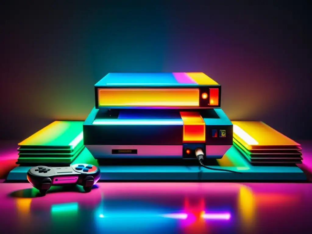 Una imagen de alta resolución de una consola de videojuegos retro rodeada de cartuchos de juegos coloridos, una realidad virtual y mandos, destacando la evolución de los derechos de autor en videojuegos interactivos