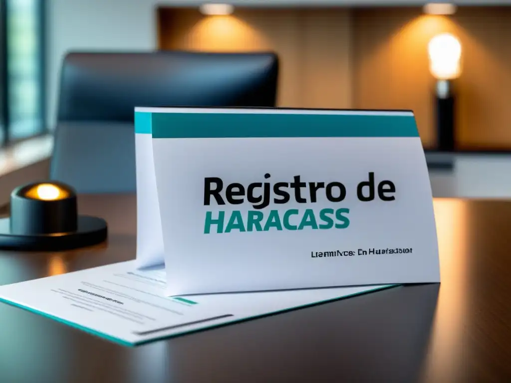 Imagen de alta resolución de un documento legal con el título 'Registro de hashtags en marcas', sobre un elegante escritorio de oficina contemporánea