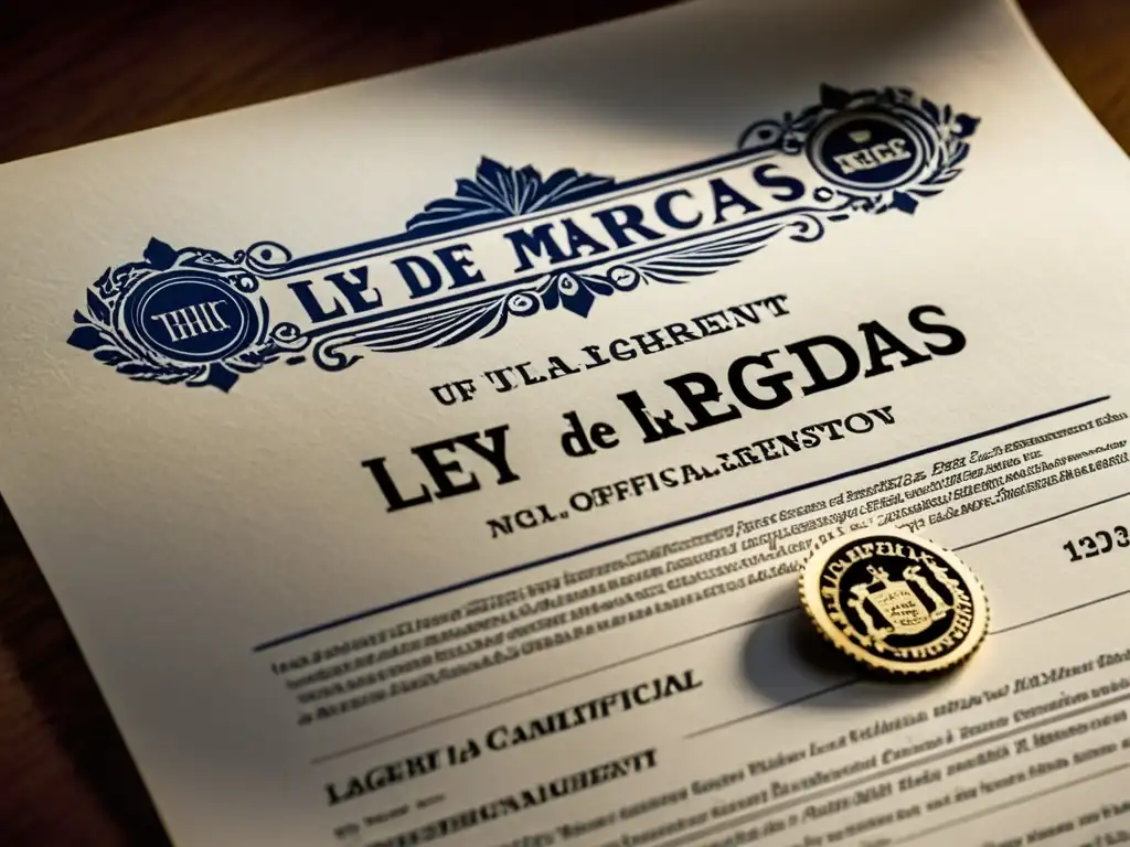 Imagen de alta resolución de un documento legal titulado 'Ley de Marcas Registradas', con sellos oficiales y tipografía elegante