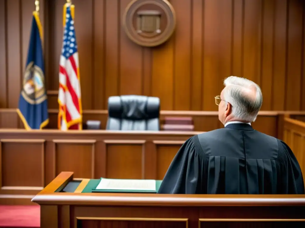 Una imagen de alta resolución de un juez presidiendo un caso de litigio de patentes en un tribunal, con detalles impactantes y ambiente solemne