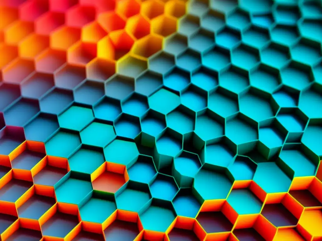 Una imagen de alta resolución de una lámina de grafeno bajo un microscopio electrónico de barrido, con una estructura hexagonal intrincada y colores vibrantes que resaltan el arreglo atómico