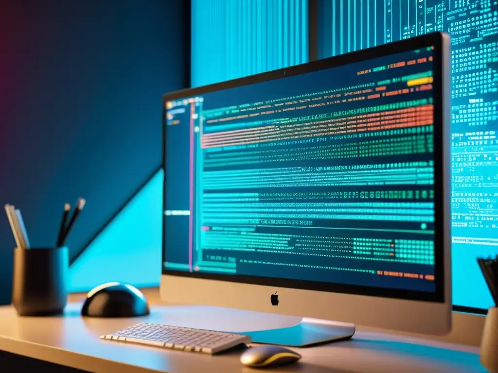 Código de software en pantalla: moderno y vibrante Una imagen de alta resolución de una pantalla de computadora que muestra líneas de código con gráficos futuristas en el fondo