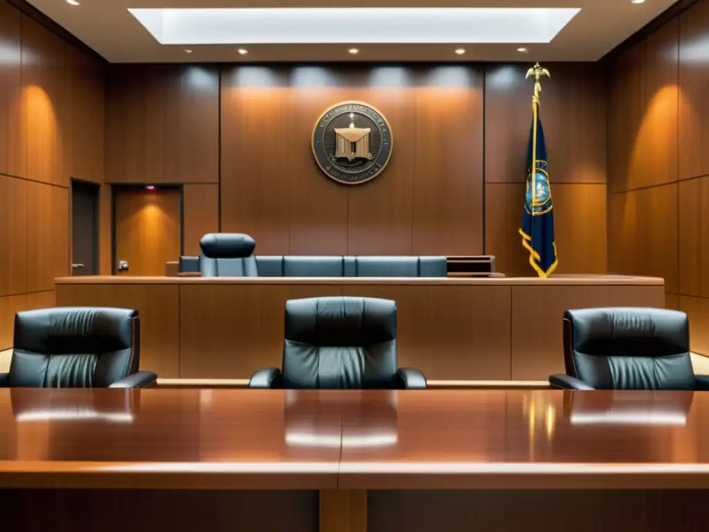 Imagen de una sala de audiencias moderna con un diseño elegante y una atmósfera solemne, resaltando el estrado del juez
