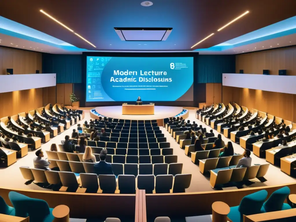Imagen en 8k de una sala de conferencias moderna llena de académicos inmersos en discusiones dinámicas, rodeados de símbolos de propiedad intelectual