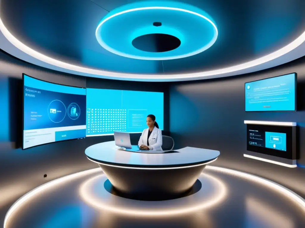 En la imagen se muestra una sala de consulta de telemedicina futurista con diseño minimalista y equipo médico avanzado