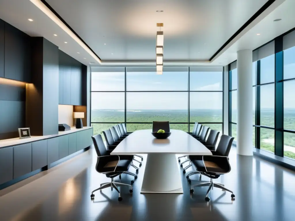 Imagen de una sala de juntas moderna y elegante con luz natural y una mesa pulida como punto focal