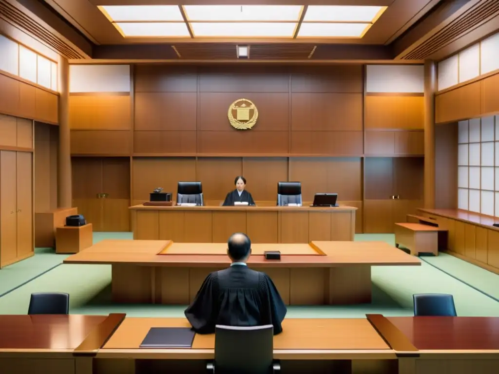 Imagen de sala de tribunal japonesa moderna en 8k, con juez y participantes, simbolizando la legislación japonesa de protección de propiedad intelectual