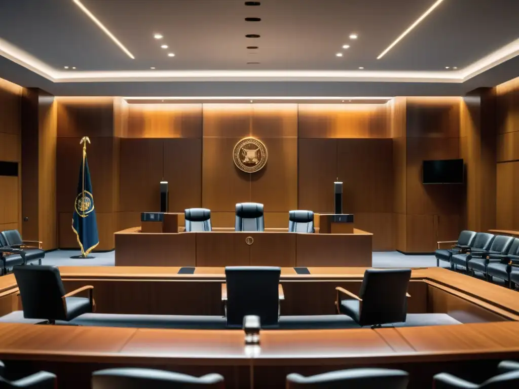 Imagen 8k de una sala de tribunal moderna, llena de profesionales en trajes de negocios, con tecnología avanzada y un ambiente de autoridad legal