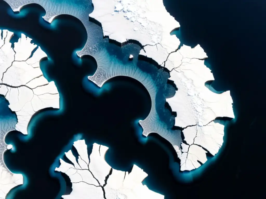 Imagen satelital de alta resolución mostrando el deshielo de los casquetes de hielo en el Ártico, resaltando la urgencia de colaboración global y patentes para combatir el cambio climático