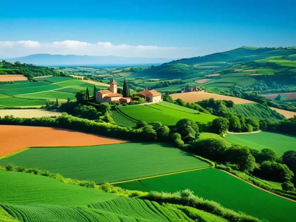 Imagen serena de un campo exuberante con un pueblo encantador, evocando tradición y diferencias entre indicaciones geográficas y marcas