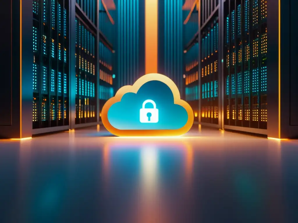 Una imagen de un servidor de almacenamiento en la nube rodeado por un firewall digital, con patrones de código y cerraduras