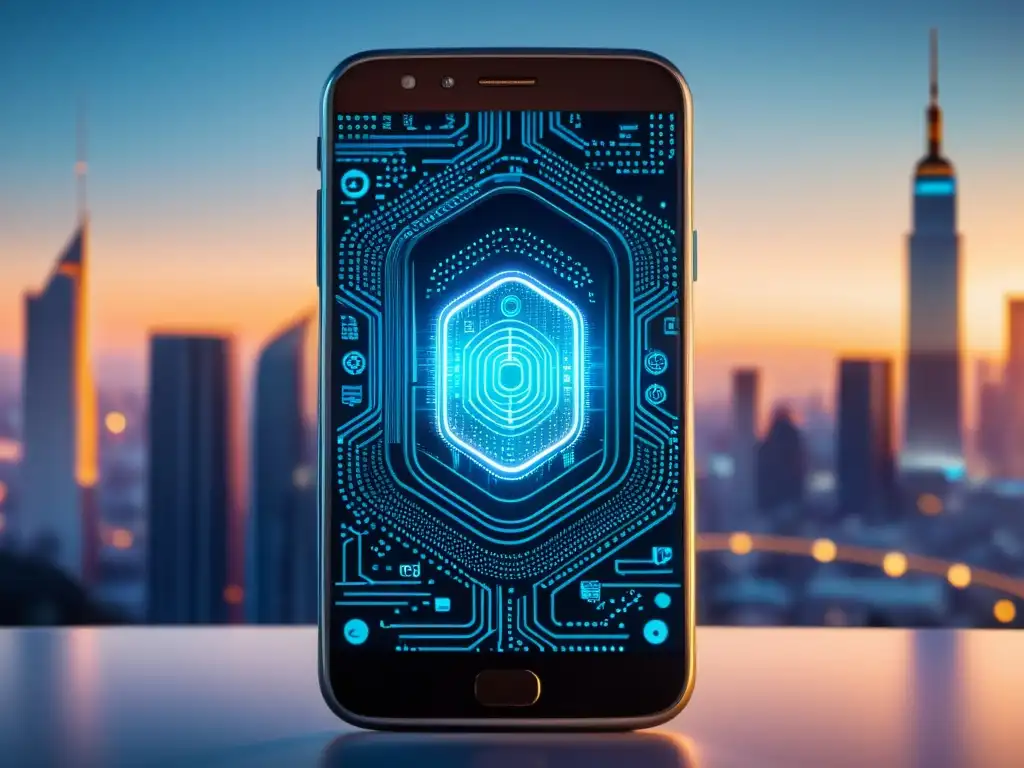 Imagen de smartphone con diseño moderno y patrones de circuitos, en una ciudad futurista