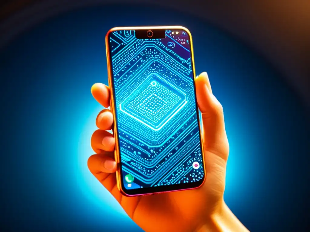 La imagen muestra un smartphone futurista con pantalla vibrante y patrones de circuitos