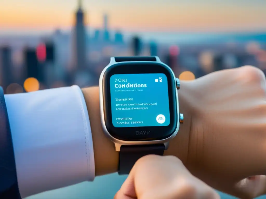 Imagen de un smartwatch moderno con términos de protección datos, en la ciudad