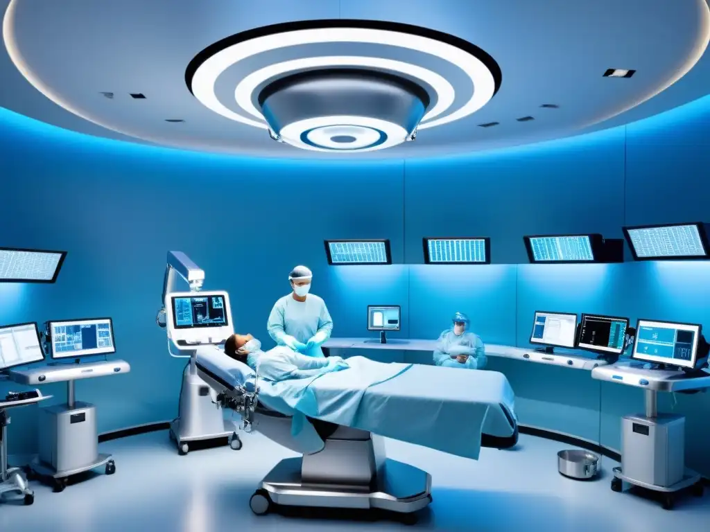 Una imagen de telecirugía avanzada en un quirófano futurista con alta tecnología y protección propiedad intelectual