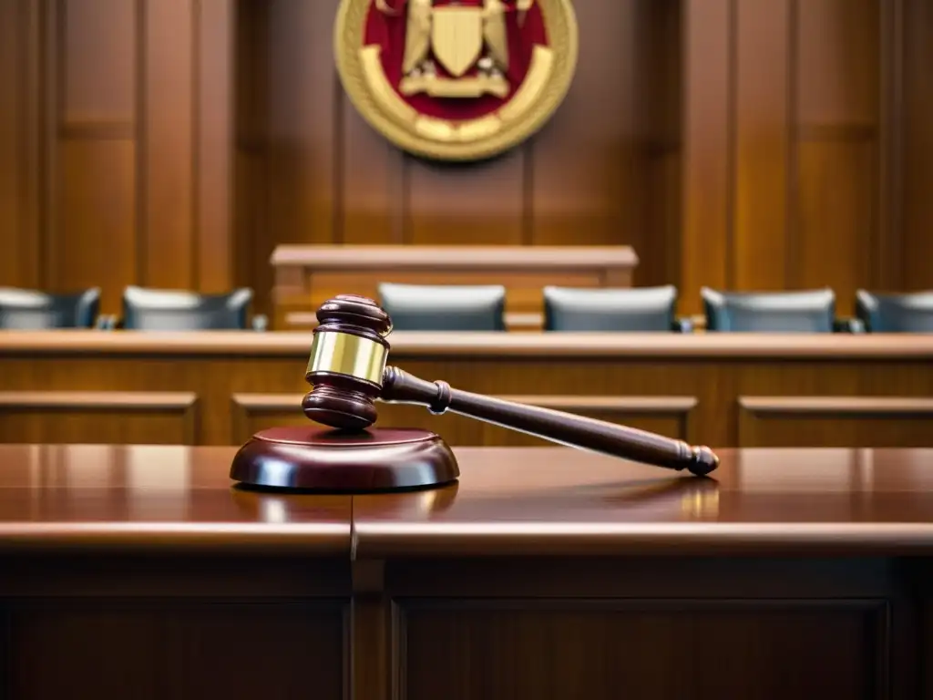 Imagen de un tribunal con enfoque en el estrado del juez, donde descansa un martillo, simbolizando autoridad y decisión legal