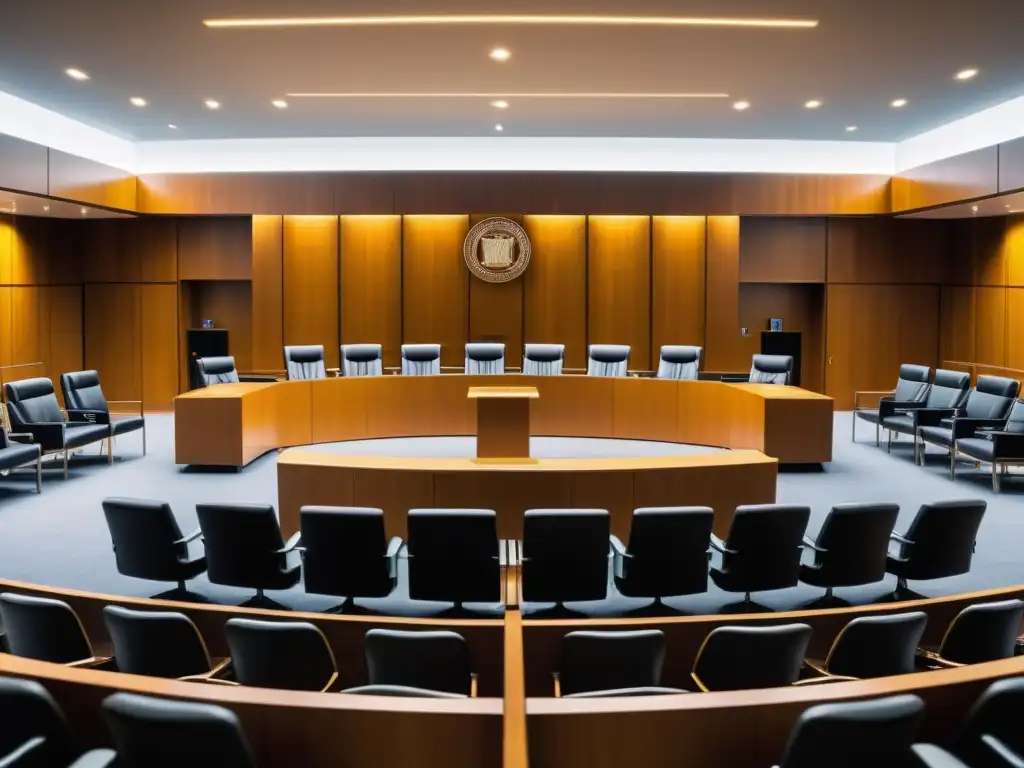 Imagen de un tribunal moderno lleno de gente, destacando el estrado del juez y la balanza de la justicia