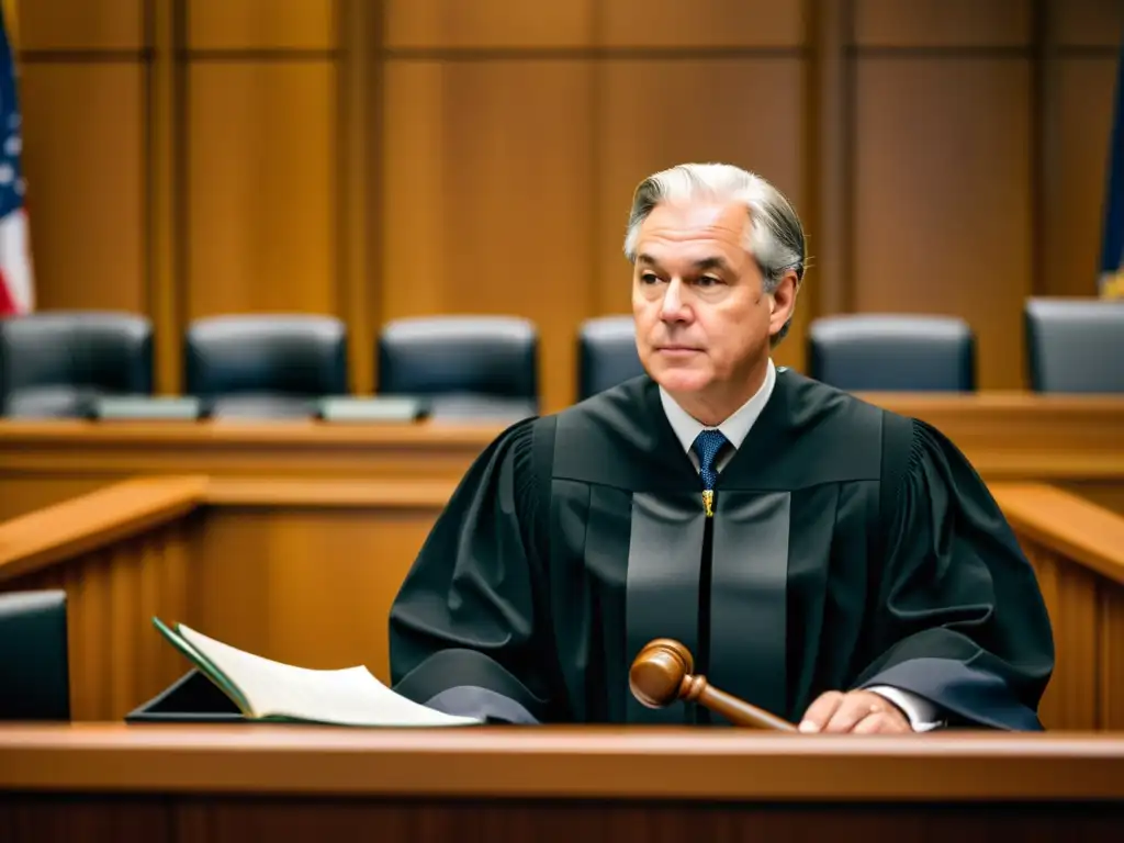 Imagen ultra detallada en 8k de una sala de tribunal con el juez presidiendo un caso de enfrentar infracción marca propiedad intelectual