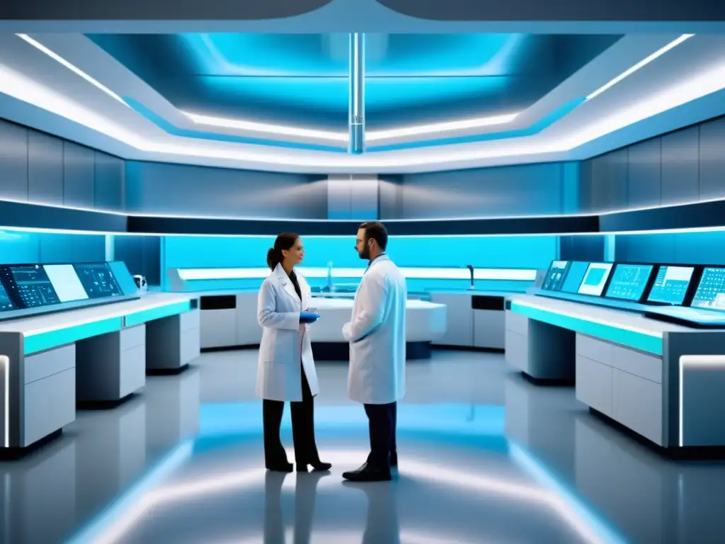 Imagen de vanguardia de un laboratorio de investigación médica futurista, con científicos y tecnología de punta