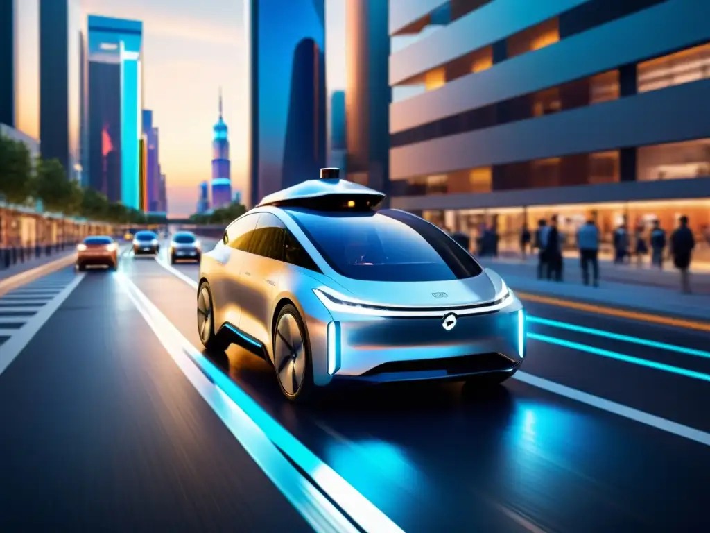 Imagen de un vehículo autónomo futurista navegando en un entorno urbano complejo, con sensores avanzados y diseño elegante