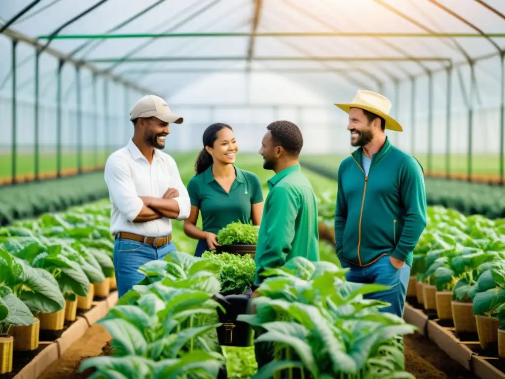 Imagen vibrante de agricultores trabajando en invernadero avanzado con cultivos y equipamiento sostenible