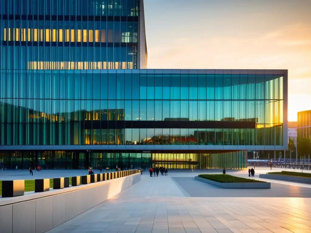 Imagen vibrante del Parlamento Europeo en Bruselas al atardecer, reflejando su moderna arquitectura