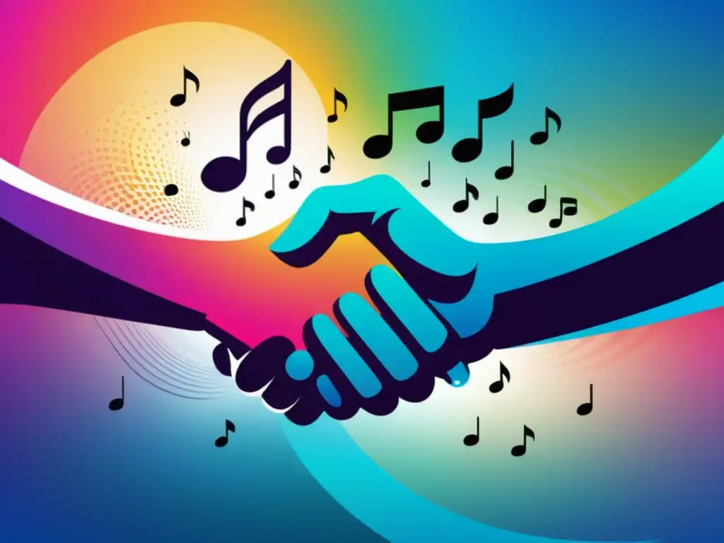 Imagen vibrante de dos manos estrechándose, rodeadas de notas musicales y elementos artísticos, simbolizando acuerdos de licencia para remixes con profesionalismo y creatividad