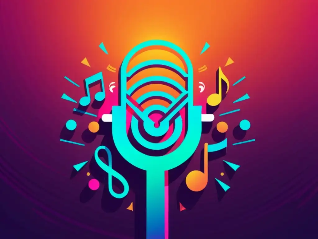 Imagen vibrante de un micrófono de podcast rodeado de notas musicales y símbolos de derechos de autor, con una paleta de colores futurista