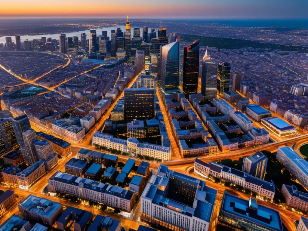 Una impactante fotografía aérea de una bulliciosa ciudad al atardecer, con un cálido resplandor de luces de la calle y edificios de oficinas