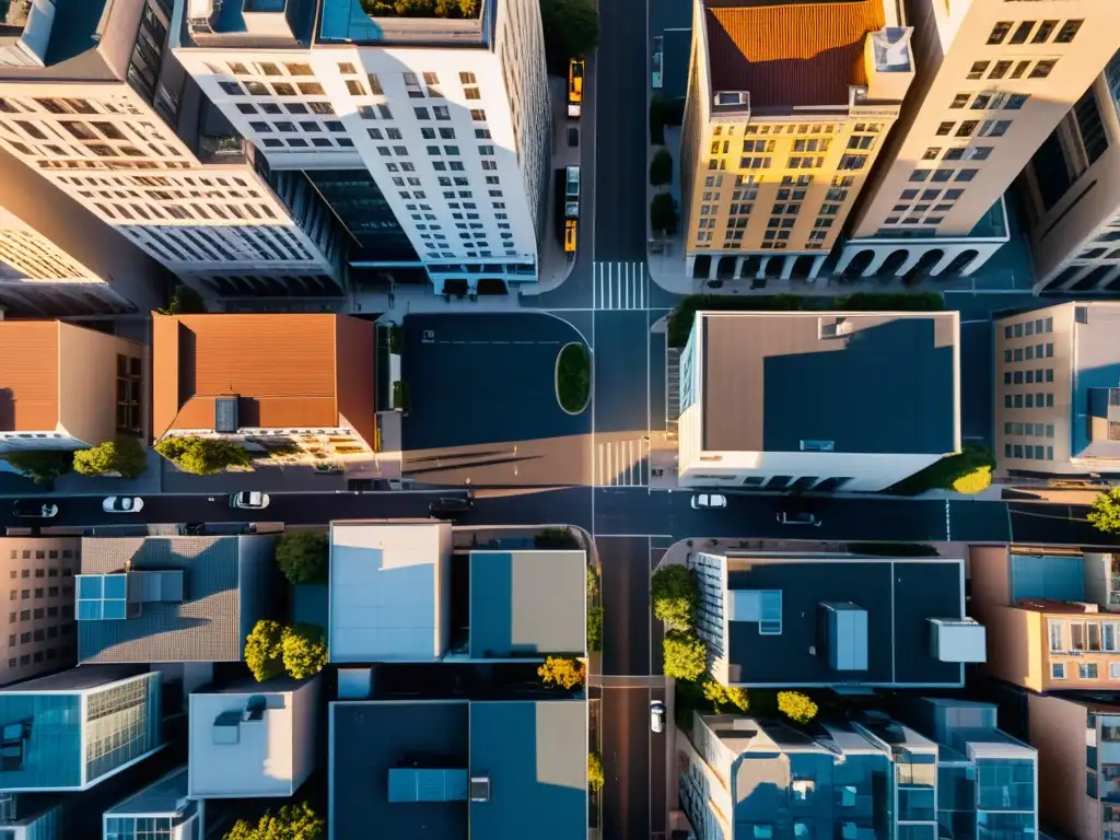 Una impactante fotografía aérea de un paisaje urbano al atardecer, con detalles precisos de la ciudad bañada por la cálida luz dorada