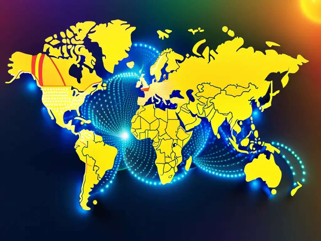 Una impactante colisión de banderas internacionales y símbolos tecnológicos, sobre un mapa mundial brillante