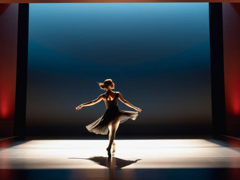 Un impactante espectáculo de danza contemporánea en un teatro minimalista, resaltando la fuerza y la elegancia de la coreografía